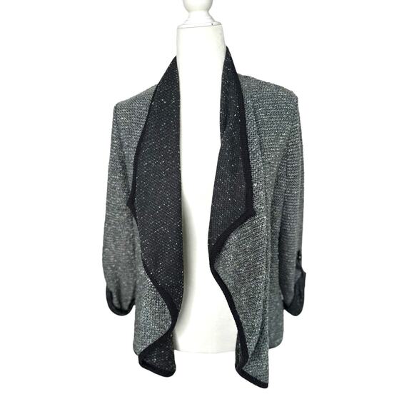 NY Collection Open Front Cardigan Jacket Petite Large PL Roll Tab Sleeve Grey - Picture 1 of 8